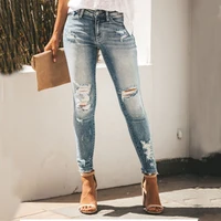 

Trendy Mid Rise Distressed Ripped Skinny Fitted Denim Jeans for Women Distressed Ripped Hole Hem Slim Fit Denim Jeans
