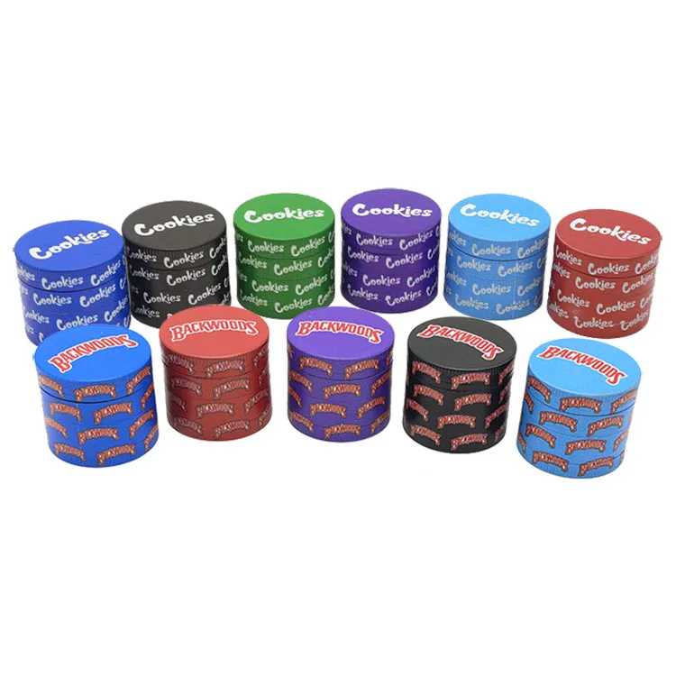 

Wholesale New Zinc Alloy  Cookies And Backwoods Herb Grinder Custom Logo Dry Spice Weed Grinder Smoking Accessories, Mix colors