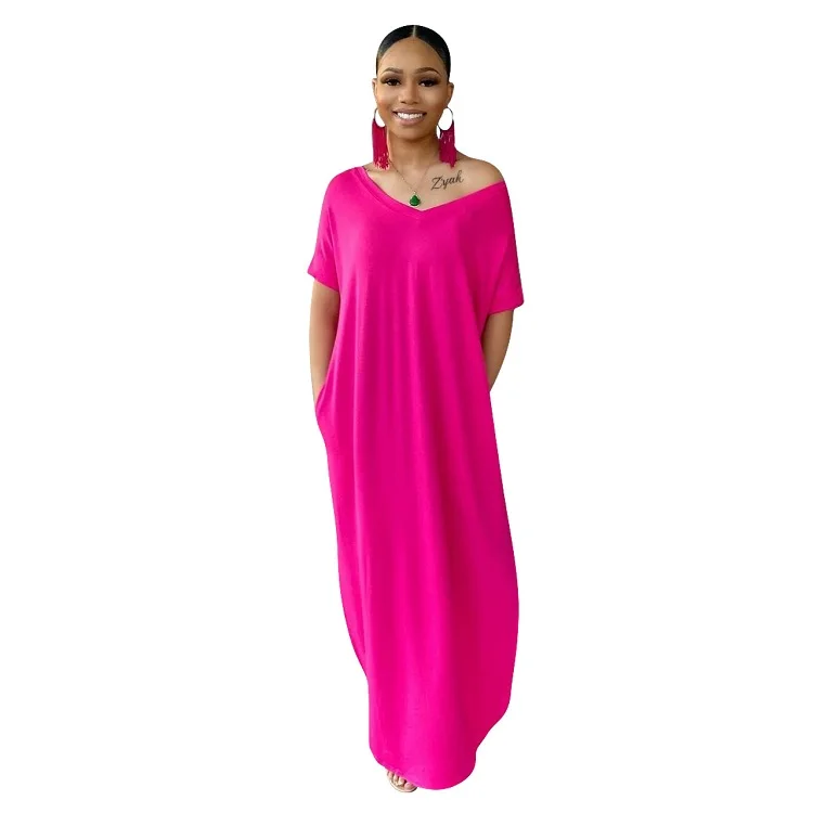 

New Fashion Solid Color V Neck Dress Plus Size Women Slit Long Dresses Summer Loose Elegant Casual Dresses