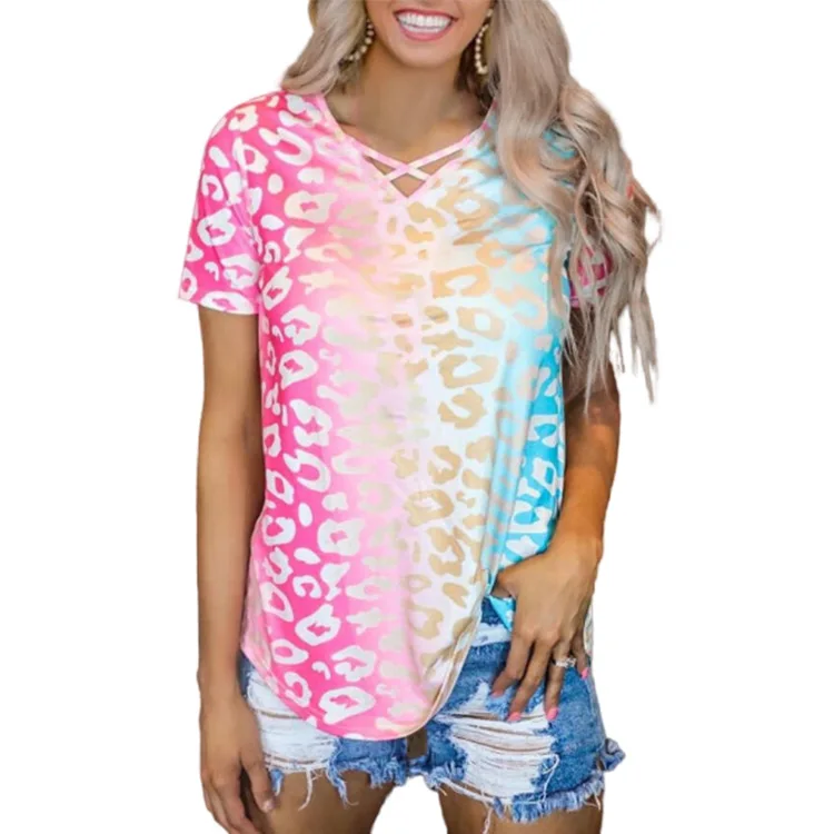 

Ready to Ship Fashion Wholesale Women Summer Ombre Tie Dye Leopard Print Criss-Cross Women Clothes Boutique Tee Shirts, As shown