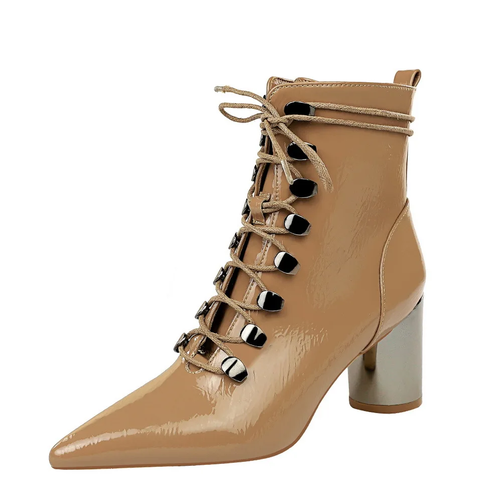 

Bottes En Cuir Femme Autumn and Winter Glitter Patent Leather Chunky Heel Ankle Shoes Boots for Women and Ladies, Black, khaki