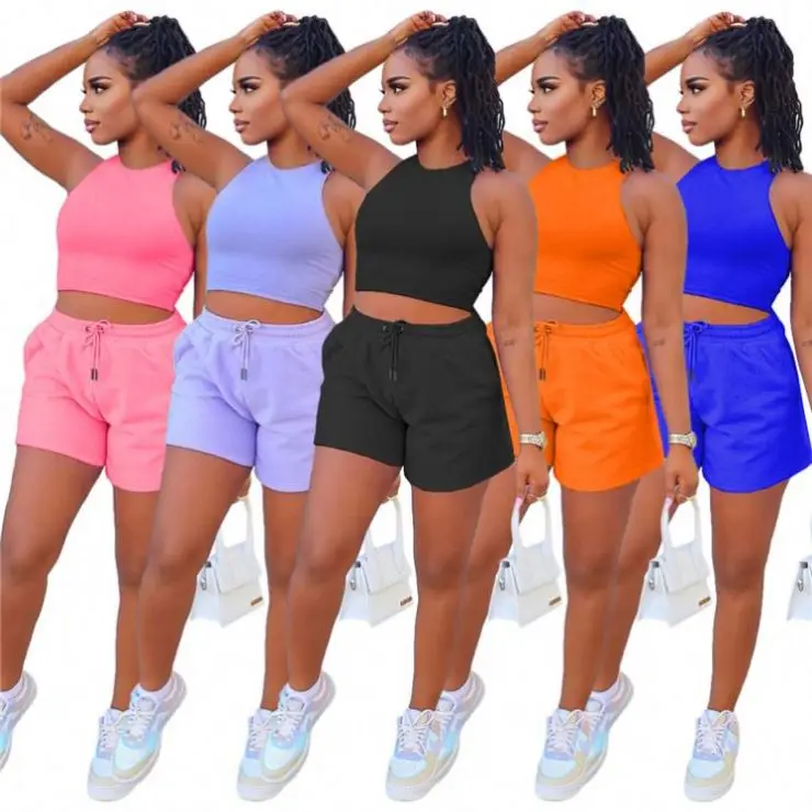 

CATHY High Quality Summer Solid Color Sleeveless Vest and Pants Womens Shorts Two Piece Sets