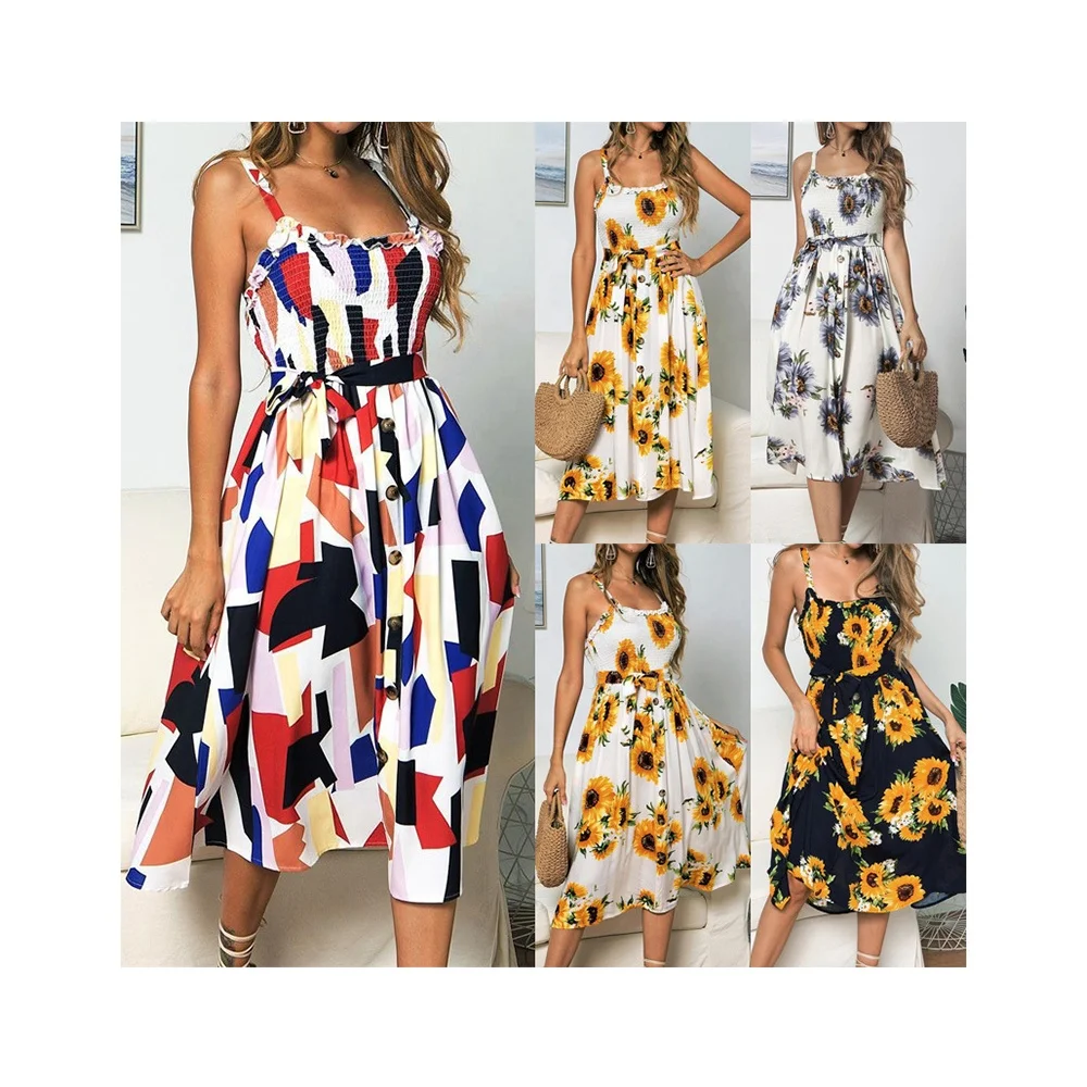 

2021 latest fashion summer Print mid-length sunflower A-line dress with halter for lady, 4colors