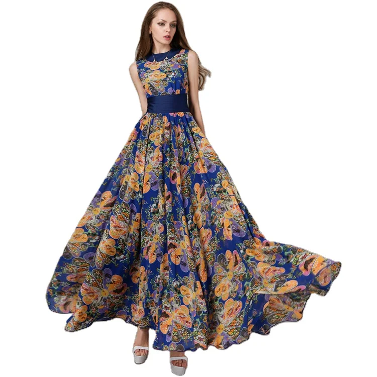 

T-D564 Chiffon Waist Pleated Bohemian Design Summer Maxi Long Flared Dress, Blue;green;black (many other designs are available)