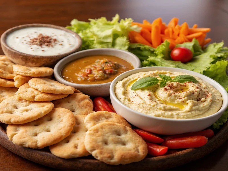 Hummus platter with pita, vegetables and garnishes