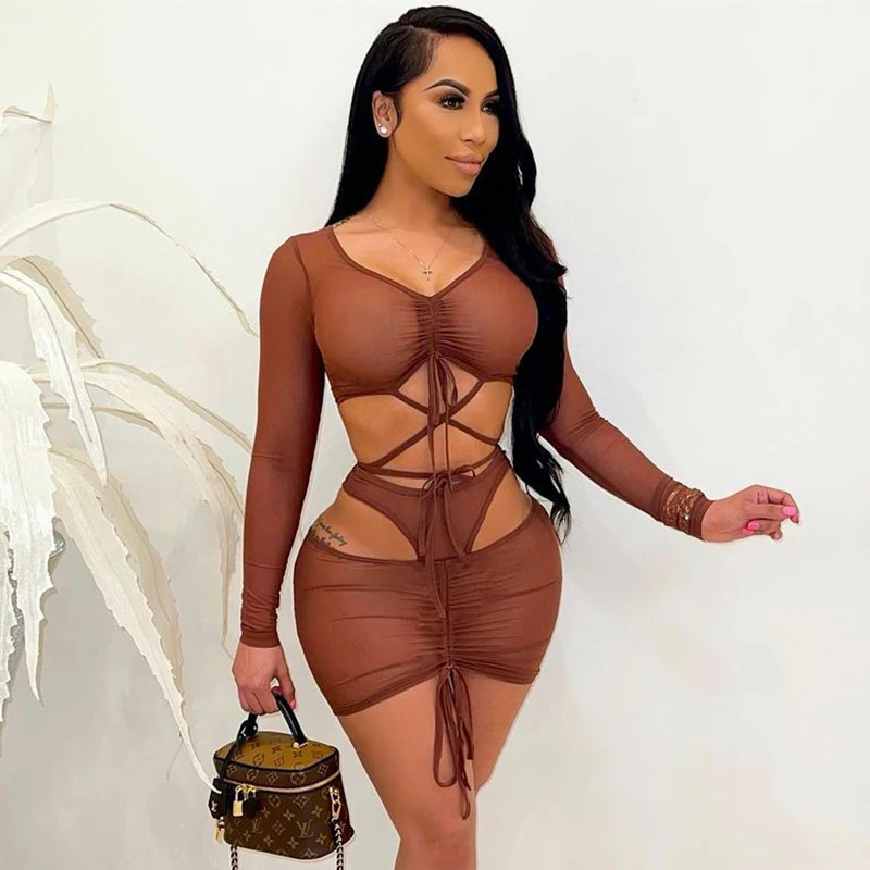 

Bomblook X21ST181 Hollow Long Sleeve Crop Top Mini Skirt Two Piece Solid Color Sets Womens Sexy Streetwear