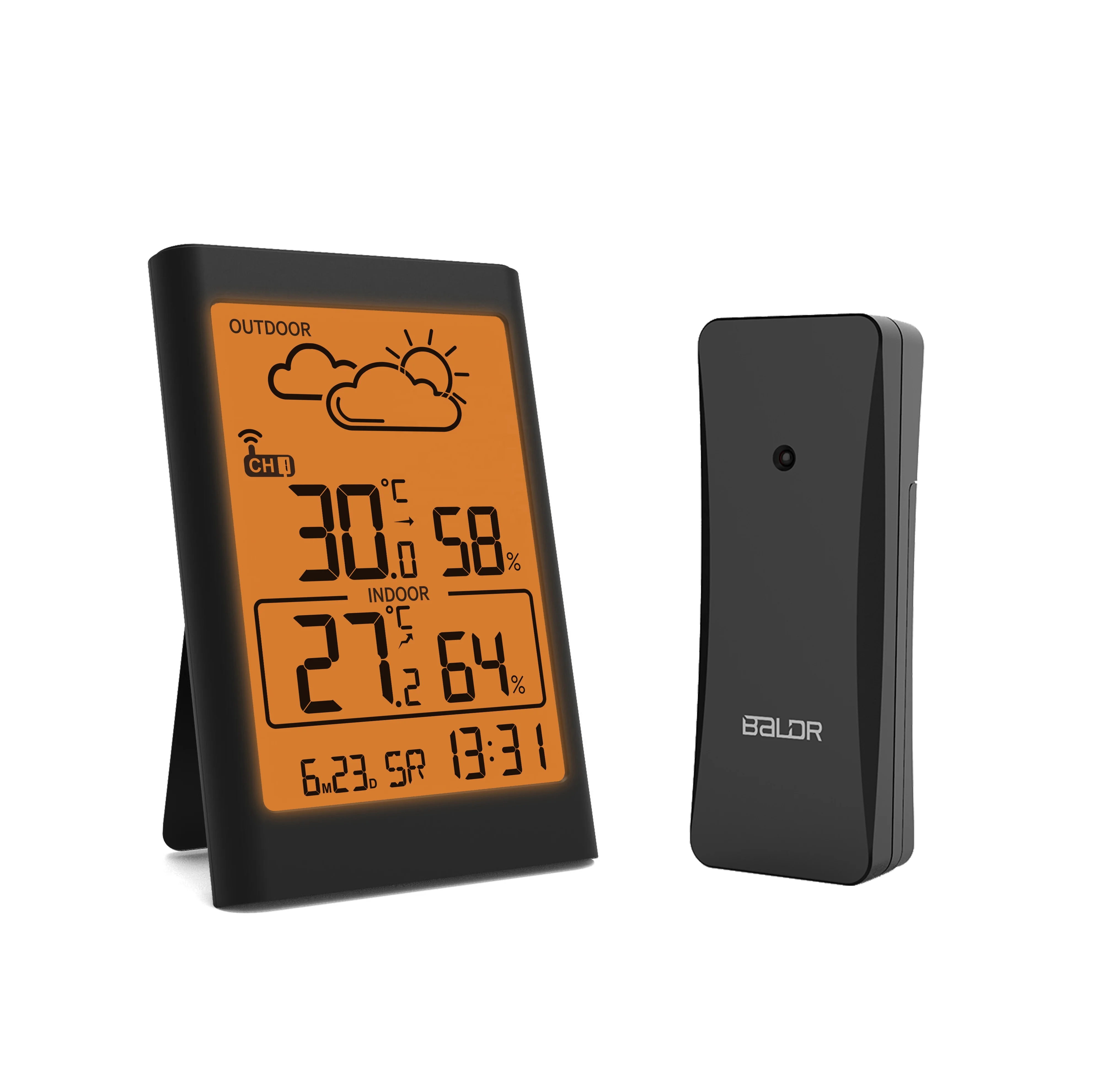 

BALDR B0341 Digital Weather Station Indoor/Outdoor Thermometer Hygrometer with Sensor Orange Backlight Wireless DCF Wall Clock