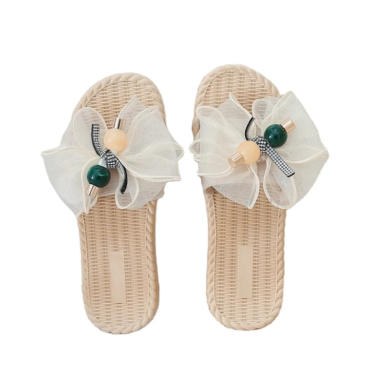 

Net yarn bow knot beaded flip flops fashion women flat slippers