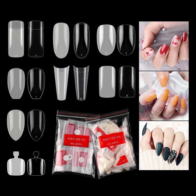 

500PCS clear Long Nail Tips French Full Half Cover artificial nail tips false Coffin Nail Tips, Clear/natural /white