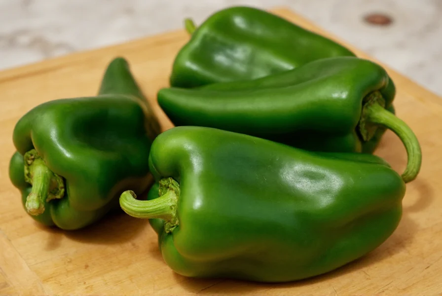 Close-up of fresh poblano peppers showing their distinctive heart shape and dark green color on a wooden cutting board