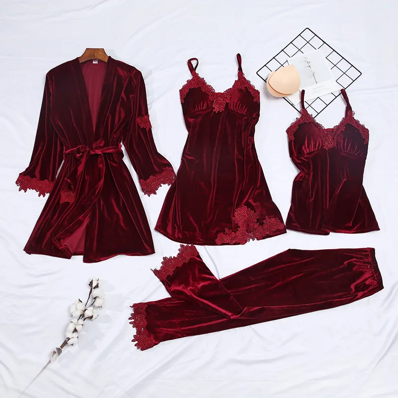 

In stock Women Winter 4 Pieces Pijamas Women Sexy Lace Velvet Pajamas Set pleuche Sleepwear