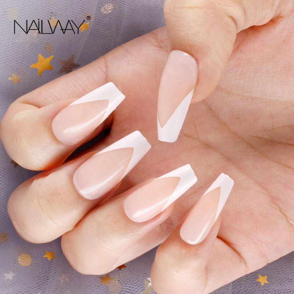 Artificial French Nails White V Shape Long Coffin Fale Nails Extra Long Press On Nails Ballerina Fake 24pcs Nude Faux Ongles Buy Extra Long Press On Nails Artificial French Nails Long Coffin Nail Product On Alibaba Com