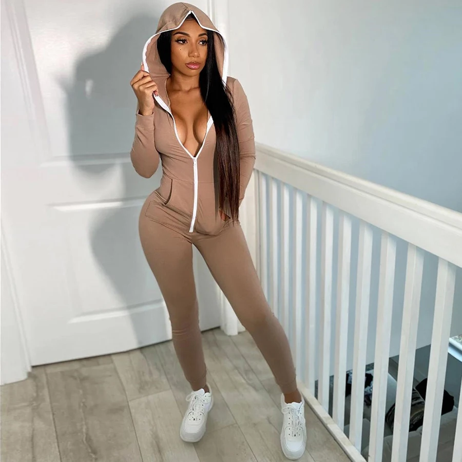 

2021 New Arrivals Autumn Hooded Zipper Long Sleeve Casual Skinny Jumpsuits For Ladies