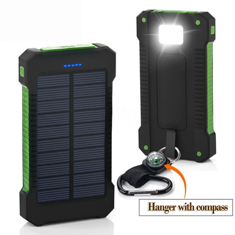 

10000mah Solar Charger Bank Usb Power Bank With Flashlight Compass Waterproof Battery Charger Portable Cell Charger, Black, blue, green, orange, yellow