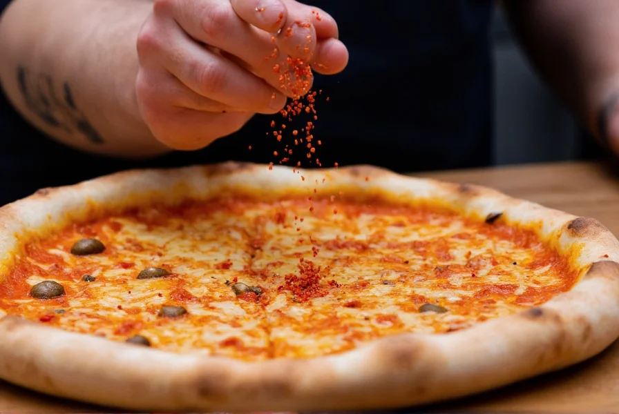 Chef sprinkling crushed red pepper on pizza with close-up of flakes