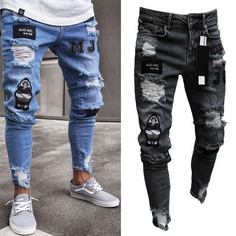 

Men's hip-hop slim-fit ripped feet pants Amazon WISH badge stretch jeans jeans bootcut men, Light blue