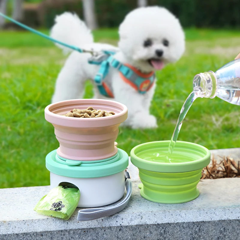 

Outdoor 3 in 1 Silicone Pet Bowl Poop Bag Dispenser Accessories Drinking Eating Feeder Cup Dog Water Bottle With Food Container
