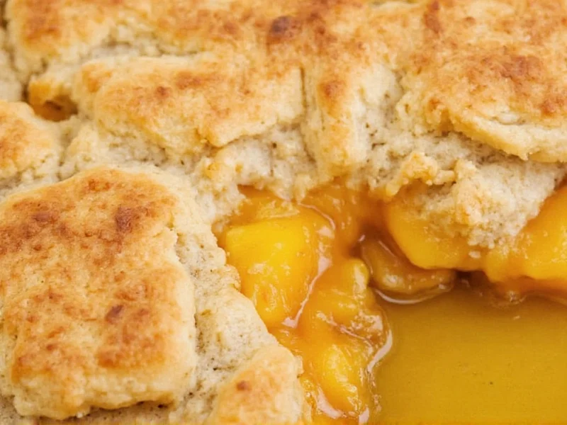 Close-up of biscuit topping on bubbling peach cobbler