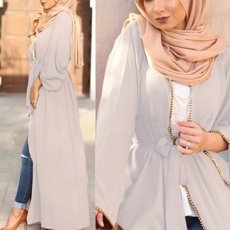 LY830# New Fashion Islamic Maxi Dress Beading Long Female Abaya Muslim Tie Robe Dress Open Abaya