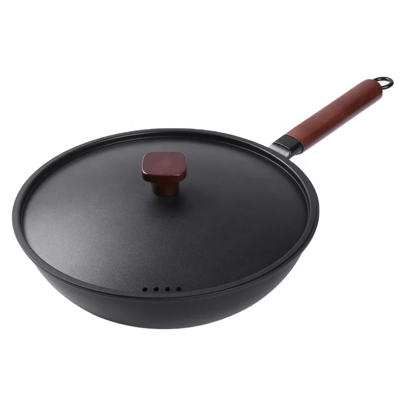 

32cm Cast Iron Wok Non-Stick Pans Induction Compatible Kitchen Beech Handle With lid Cookware, Black