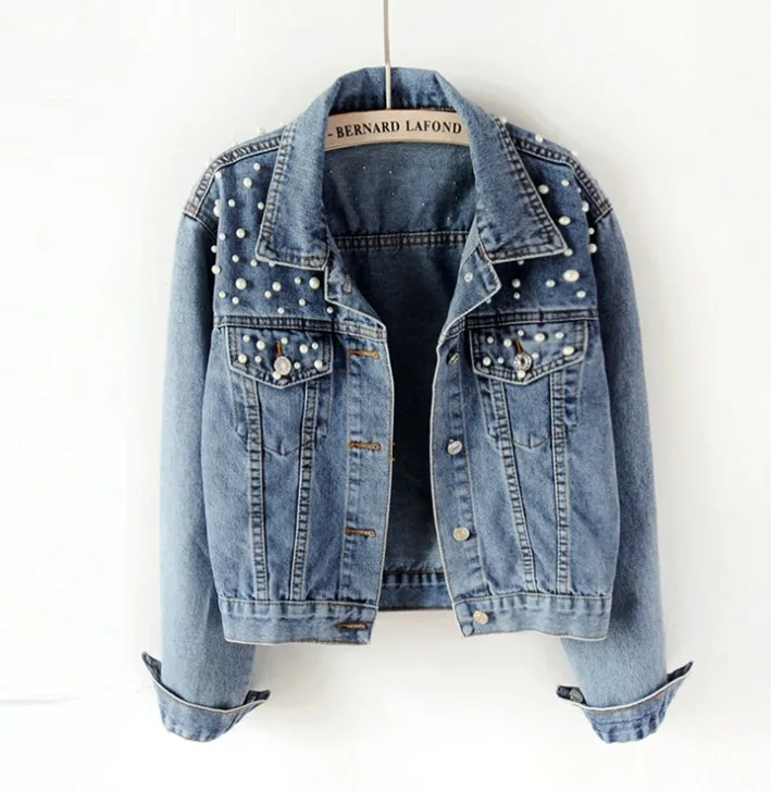 

Denim Jacket 2020 Hot Sales S-5XL Plus Size Beaded and Diamond Women Coat Autumn, Light blue, black