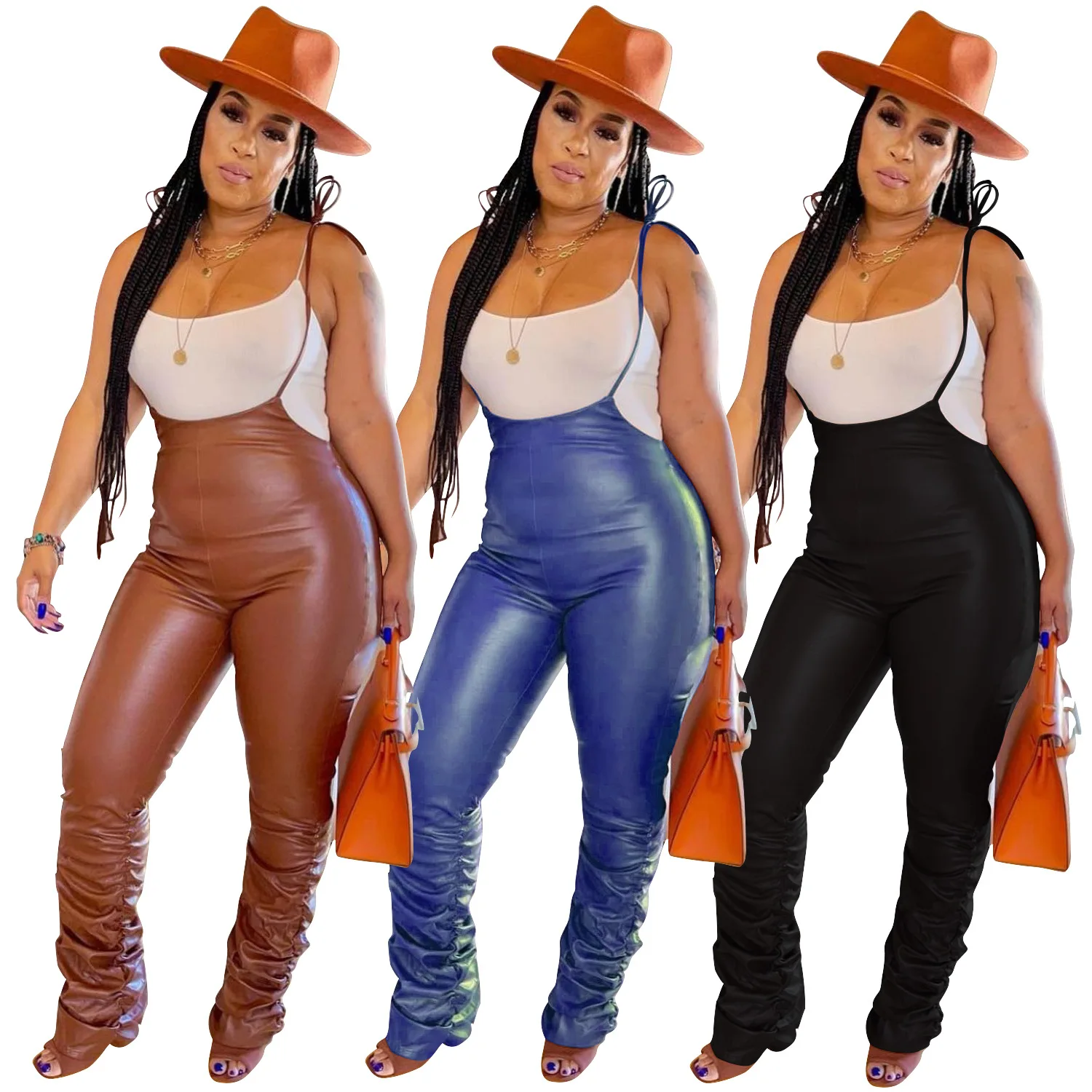 

2022 Spring New Arrival Black Brown Vegan Leather Pants Women Fashion Overall Suspender Trousers Stacked PU high waist pant, 3 colors