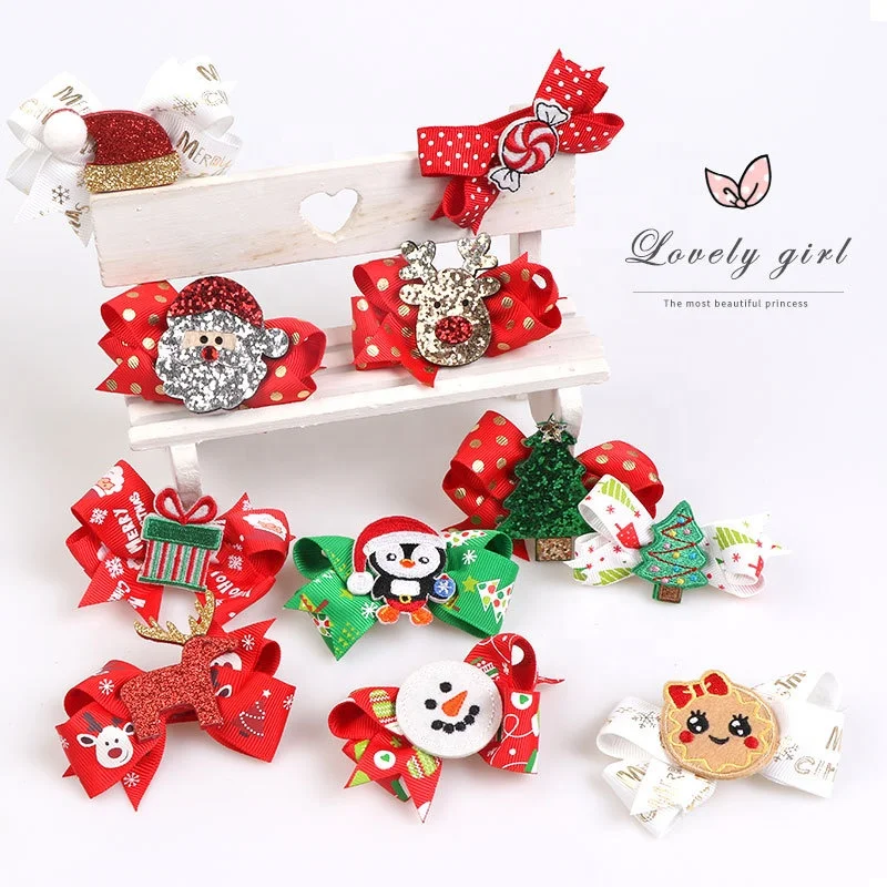 

Custom Christmas hair accessories glitter Santa Claus Snowman penguin hair grip Kids bow hair clip