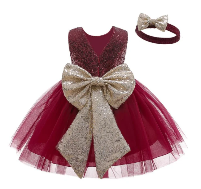 

New arrival toddler kids clothing dress with sequin headband luxury party dress girls wedding dress, Black/wine/rose/pink/champagne/colorful