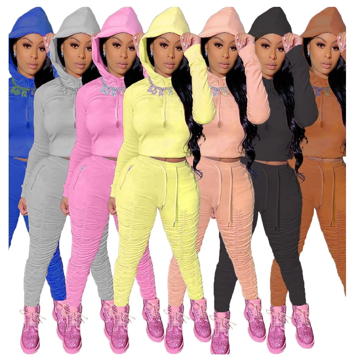 

Thick Hooded Long Sleeve Crop Tops Stacked Pants Two Piece Set Tracksuit, Shown
