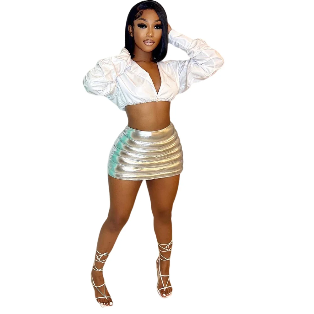

2022 New Design Silver Metallic Shiny Puffer Skirt High Waist Short Bubble Pleated Skirt Mini Club Dresses Sexy, 9 color available