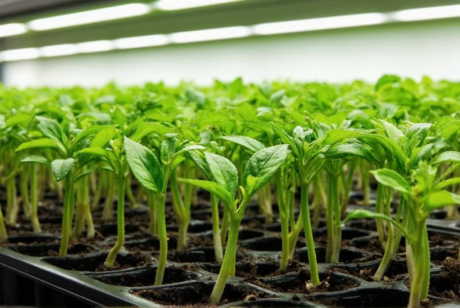 Pepper seedlings in propagation tray with proper spacing and lighting conditions