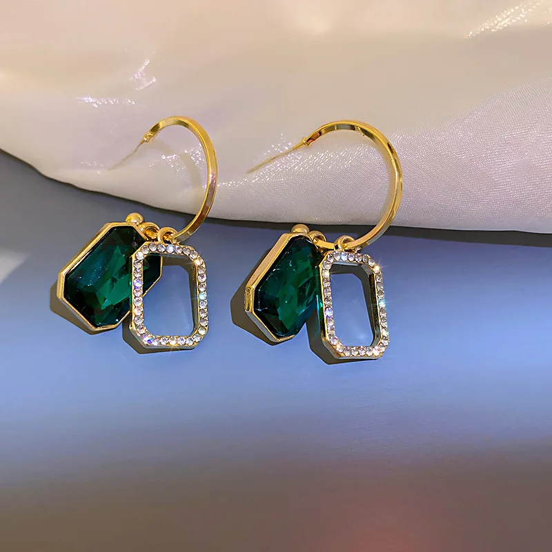 

925 Silver Post 18k Gold Plating Zircon Hollow Square C Shaped Stud Earrings Square Emerald Drop Earrings
