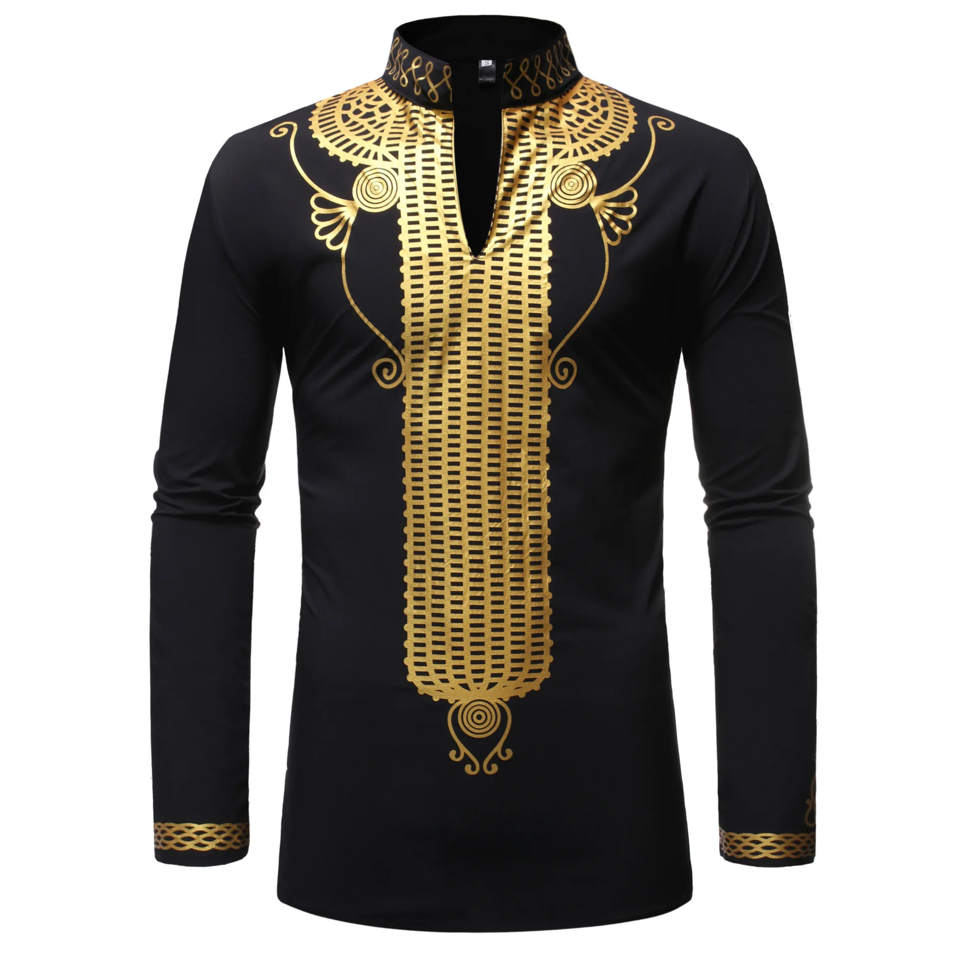 

Men's Long Sleeve Shirt African Turkish Style Gilt Printed Standing Collar Men's Shirt