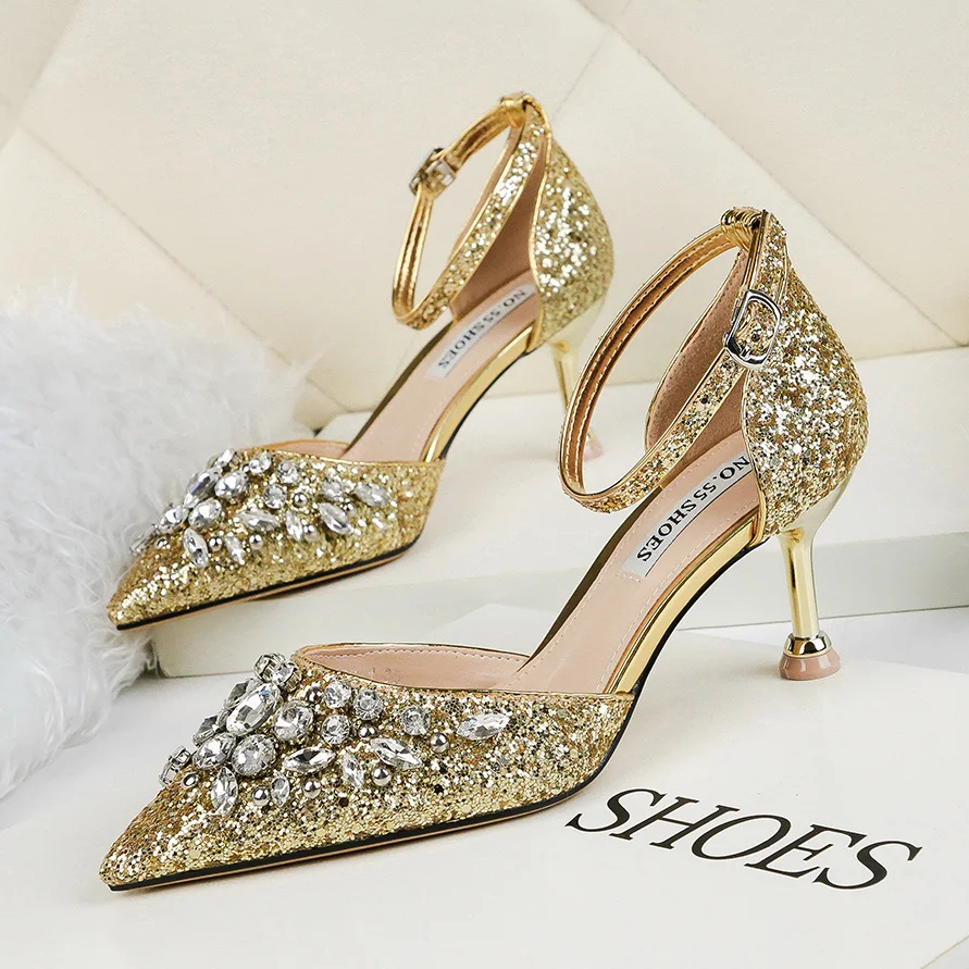 

Fashion women heels sandal shallow mouth sequins diamond womens high heel sandals shoes, Black/gold/silver/champagne/rose gold