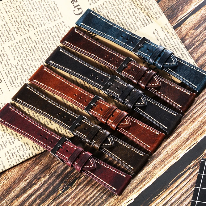 

Oil Wax Genuine Leather Men Watch Strap  Handmade Wrist Quick Release Watch Bands, Yellow brown/green/coffee/grey black/wine red/royal blue