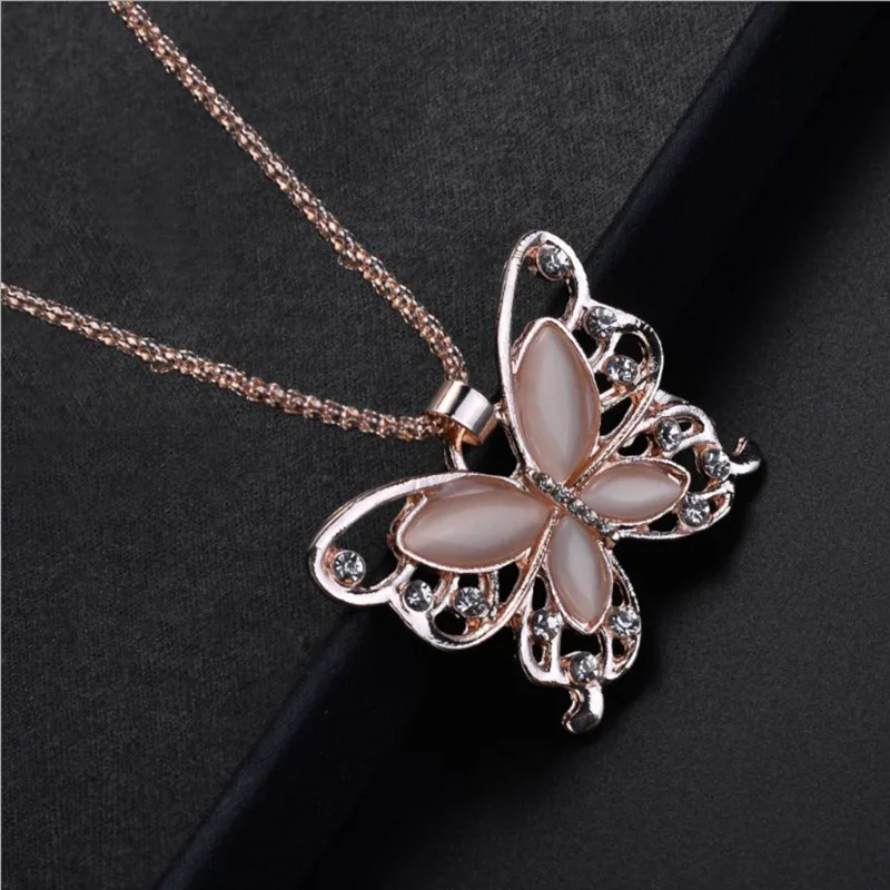 

Korean Style Simple Rose Gold Plated Butterfly Pendant Necklace Gold Color Cats Eye Stone Butterfly Necklace For Women Girls