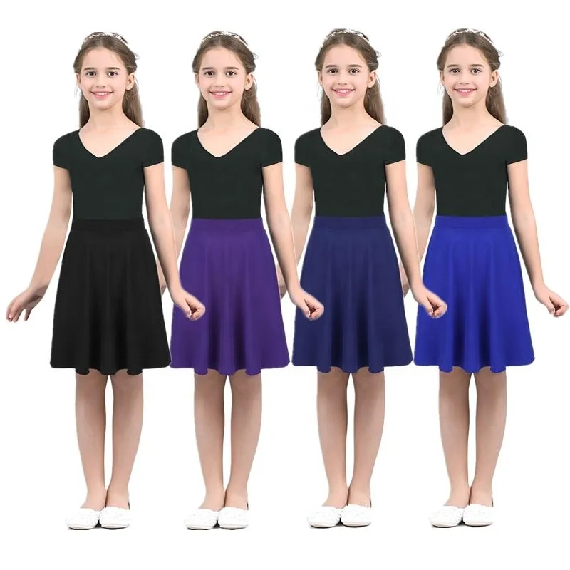 

Big Girls Solid Color Lightweight Stretchy Knee Length A-Line Skater Skirt Casual Party Plain Pleated Dance Skirt