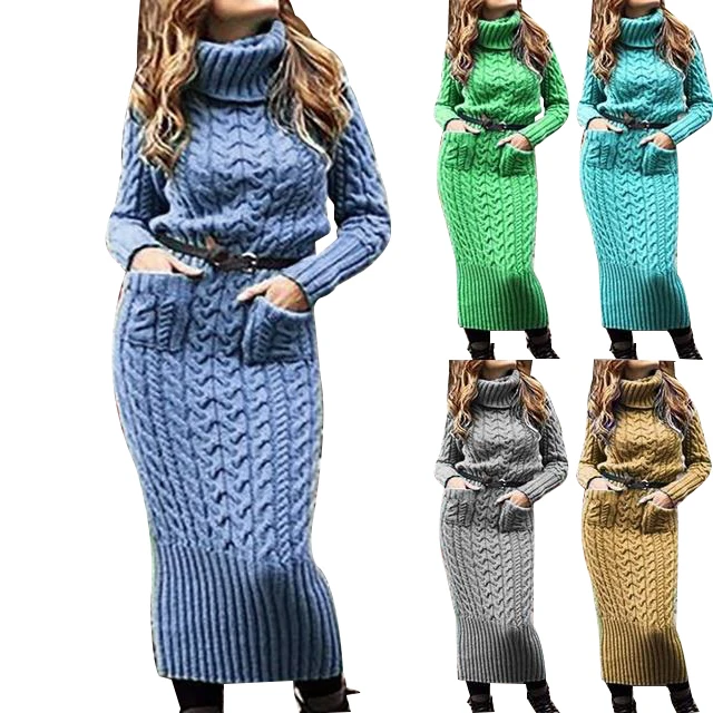 

Casual Winter Designer High Collar Pocket Long Sleeve Ladies Sweater Dress, Khaki gray blue green