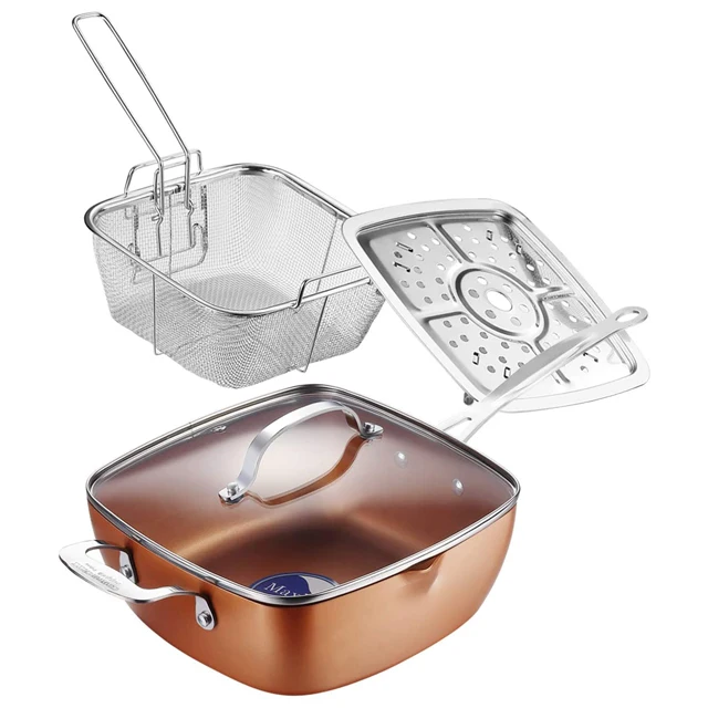 

4 pcs Aluminum copper square pan set in non stick coating with stainless steel long handle include fryer basket steamer