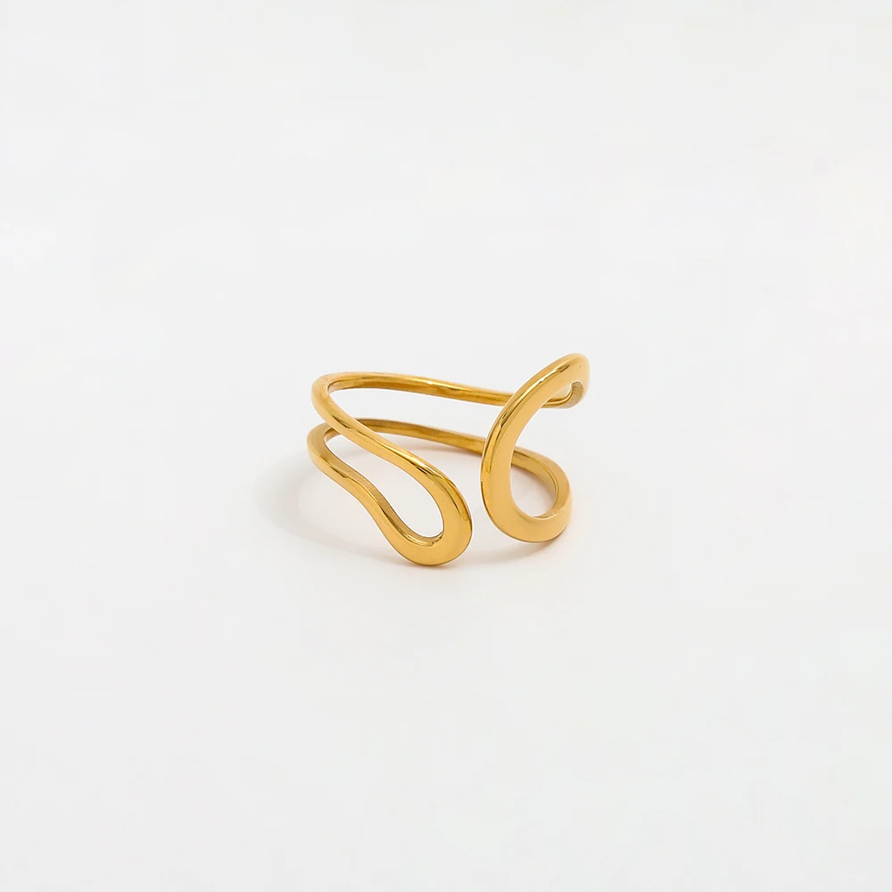 High End 18K PVD Gold Plated Double Layer Open Curve Rings Stainless Steel Women Rings Tarnish Free Jewelry