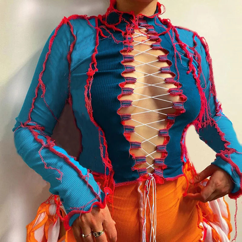 

FS1501D 2020 Fall Fashion long sleeve contrast color T shirts bandage tops