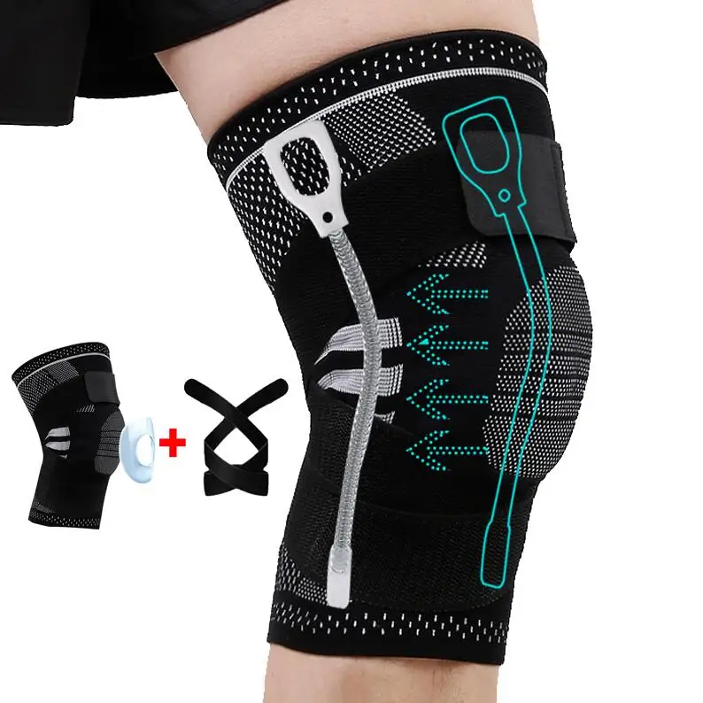 

latest multi functions sports fitness nylon elastic adjustable strap spring loaded knee braces joint support with silicone pads, Black / white / orange / blue etc.