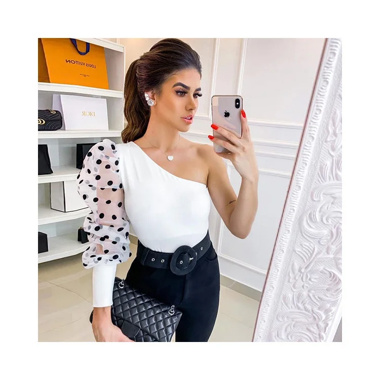 

YH1823 2020 One Shoulder Tops Ladies See-through Sheer Mesh Dot Women Sexy Blouses, Picture color