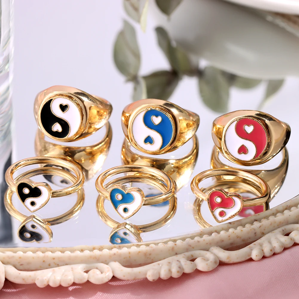 

Fashion 14k Gold Plated Women Jewelry Set Heart Shaped Yin Yang Chunky Enamel Ring, Glod color