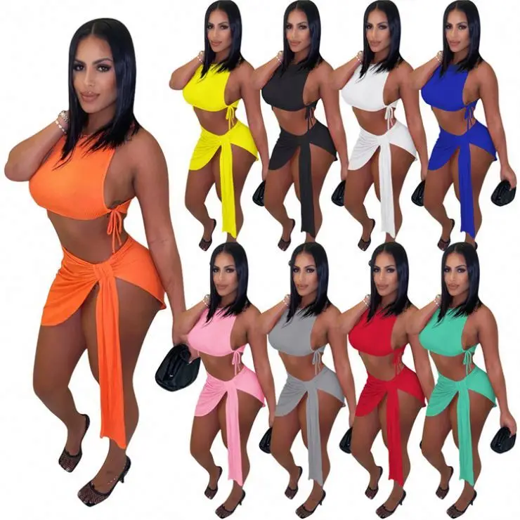 

MISS New Arrival Sexy Drawstring Two Piece Sets Women Summer Crop Top Asymmetrical 2 Piece Skirt Set