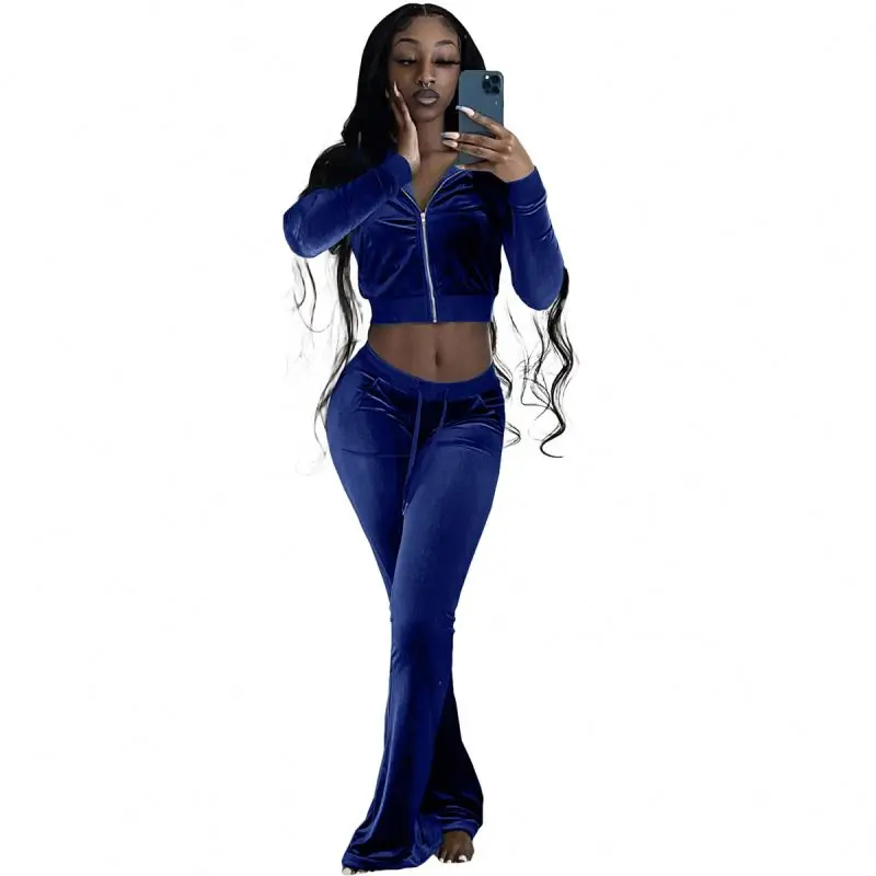 

2021 Spring Sexy Clothing Women’s Velvet 2 Piece Set Long Sleeve 2 Piece Pants Set Women Clothing, As picture