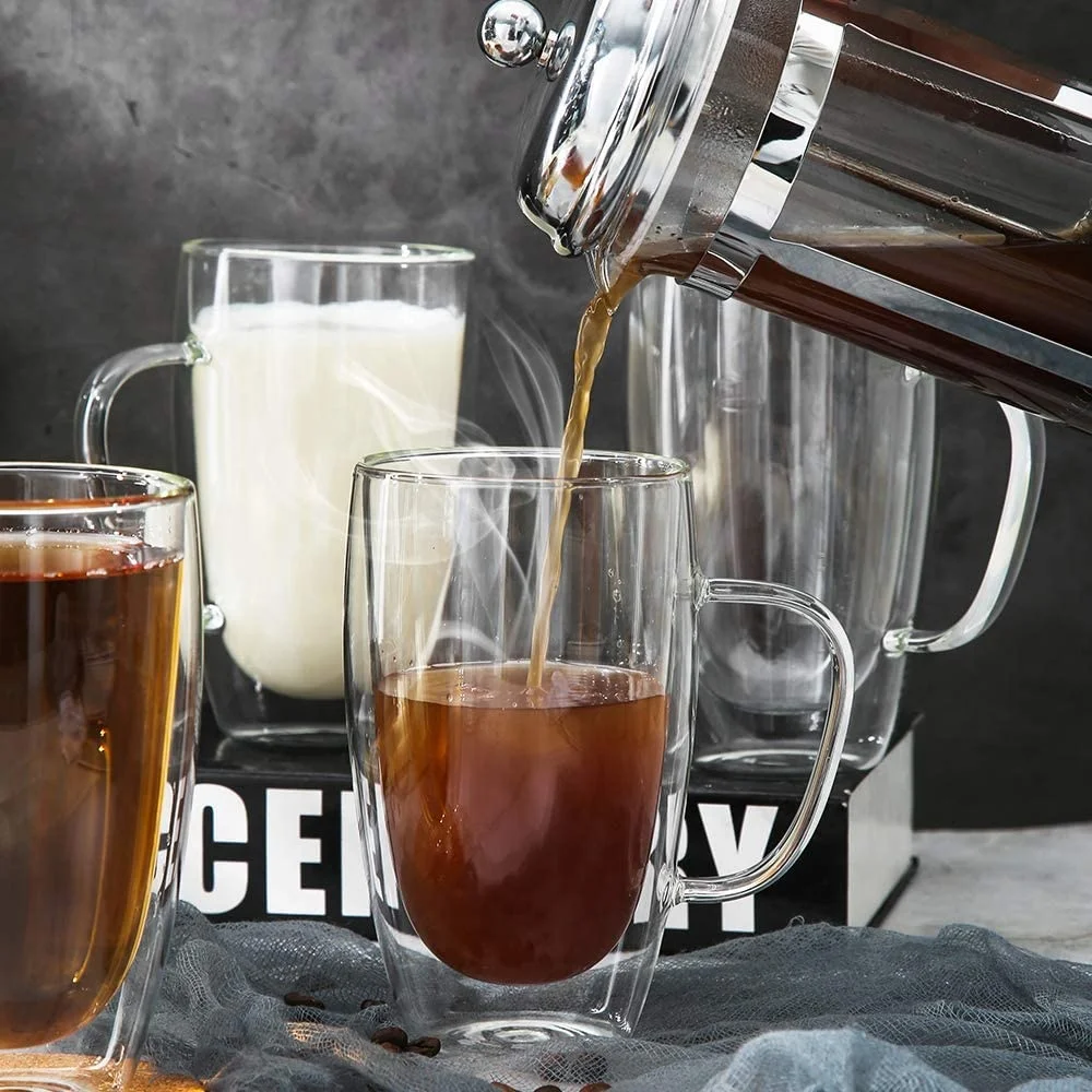 

BPA-Free Fashion Design Heat Resistant Handle Cup Borosilicate Glass Double Layer Wall Insulated Glass Coffee Mug Cup, Clear