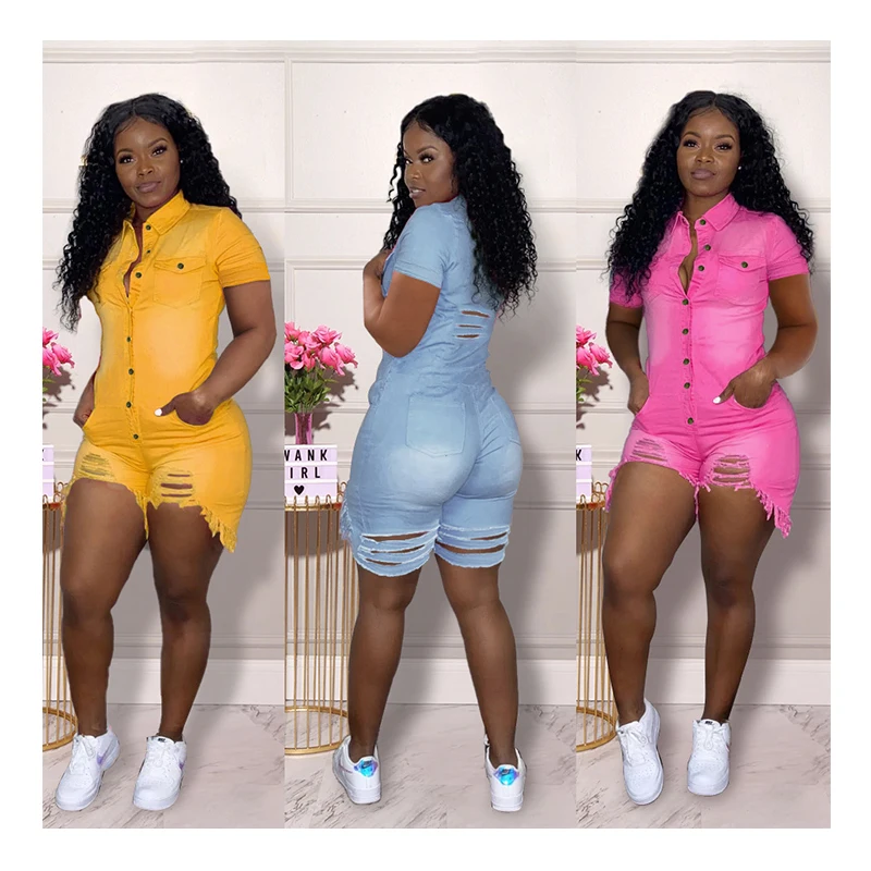 

New Summer 2021 plus size jeans Sexy Hollow Out Wholesale Jumpsuits And Rompers Women Solid Short Denim Jumpsuit