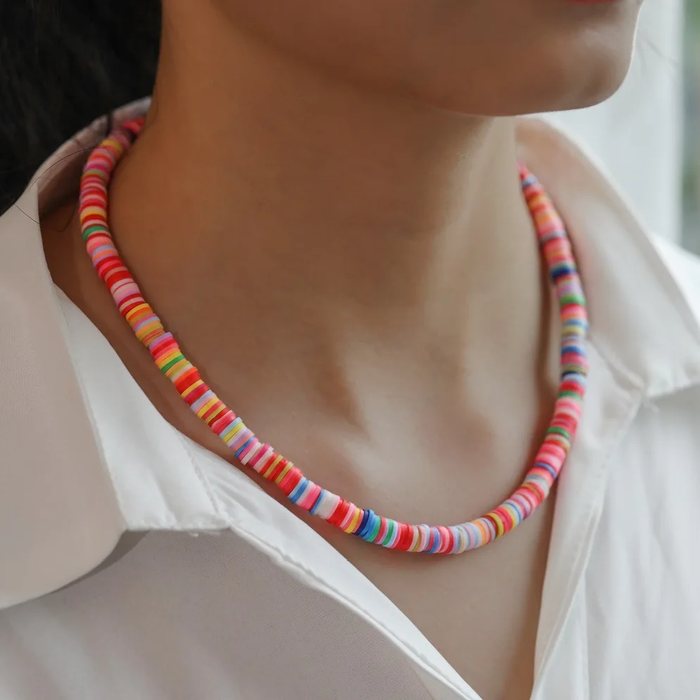 

Genya Soft Pottery Bohemian beach colorful collarbone chain Rainbow Polymer Clay Necklace Jewelry wholesale, As picture