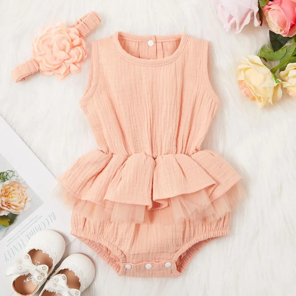 

Wholesale Baby girls jumpsuit and headband set soft cotton ruffled sleeveless solid rompers for babies, Picture shows